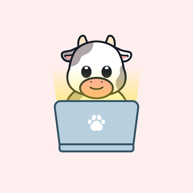 Cute Cow Using Laptop Illustration