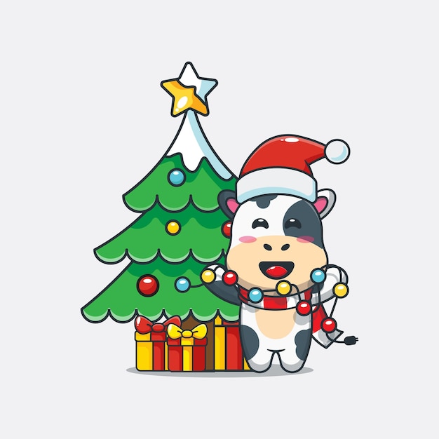 かわいい牛はクリスマスライトを修正したいかわいいクリスマス漫画イラスト