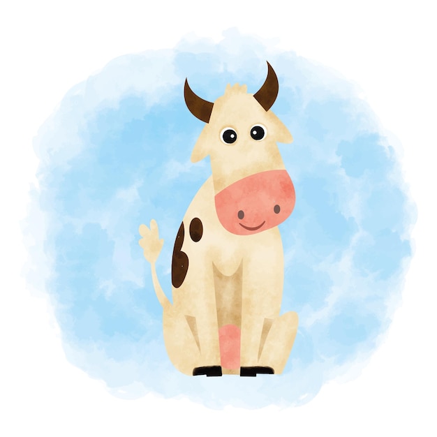 Vector cute cow watercolor blue background.