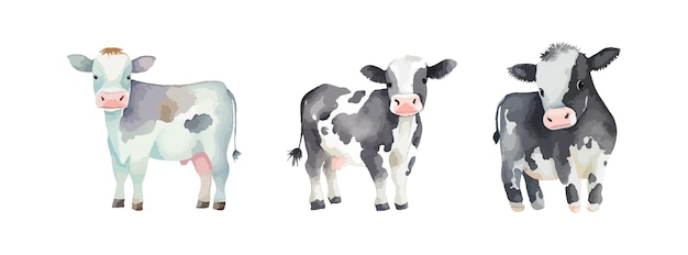 Cute cow watercolor isolated on white background Farm cow animal set Vector illustration