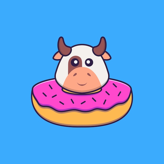 Милая корова с пончиком на шее. Концепция животных мультфильм изолированы. Плоский мультяшном стиле