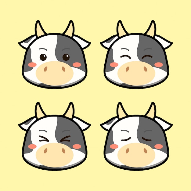 Cute cow with face expression animal set