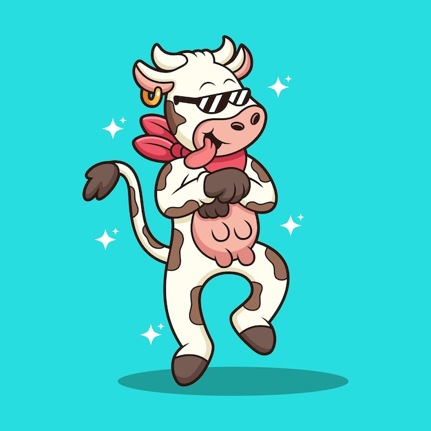 Vector cute cow with funny dancing cartoon animal vector icon illustration isolated on premium vector