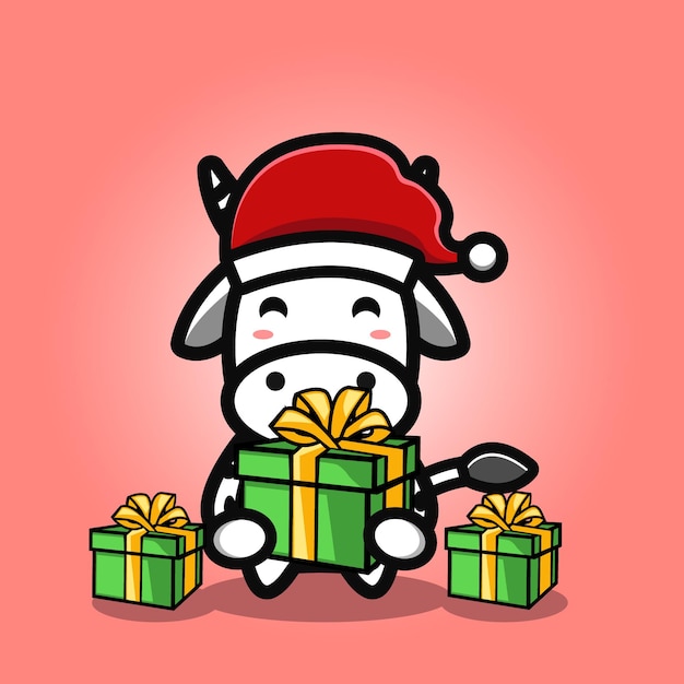 cute cow with gift cartoon