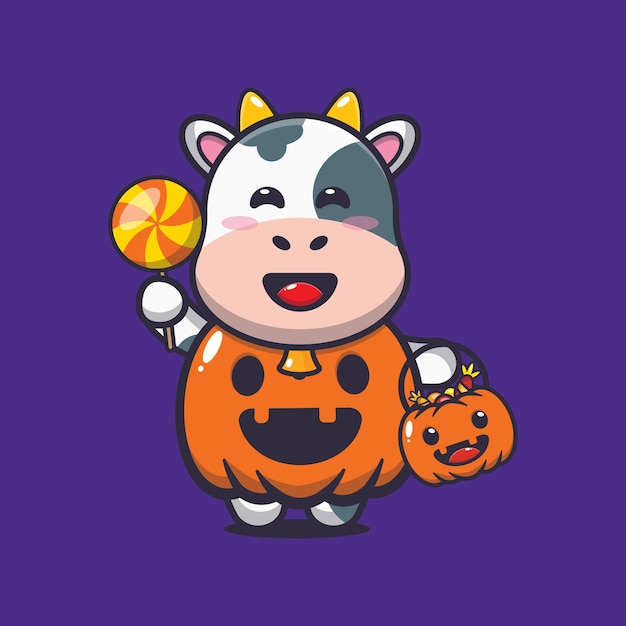 Cute cow with halloween pumpkin costume cute halloween cartoon illustration