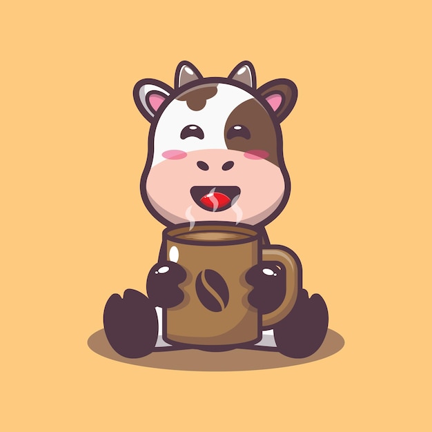 cute cow with hot coffee cartoon vector illustration