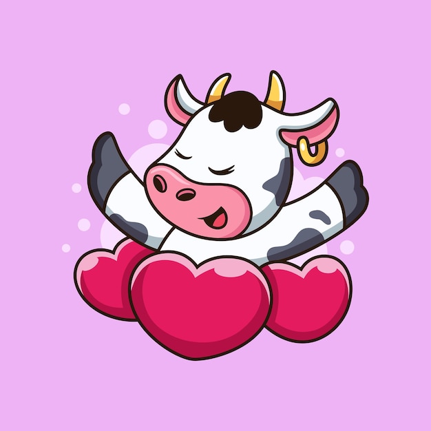 Vector cute cow with loves cartoon animal vector icon illustration isolated on premium vector