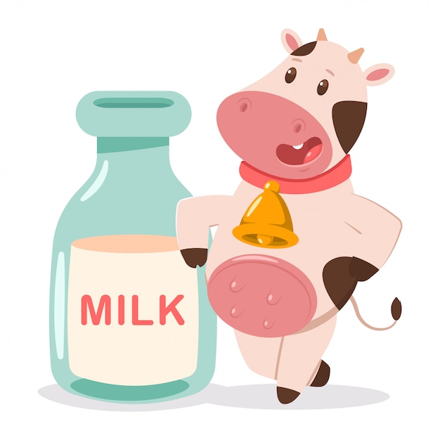 Cute cow with milk bottle.