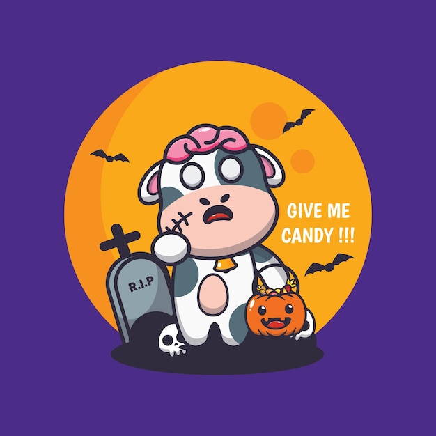 cute cow zombie want candy cute halloween cartoon illustration