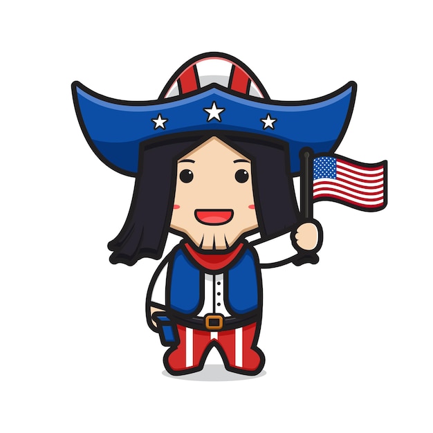 Симпатичный ковбойский мультфильм в костюме Соединенных Штатов Америки с изображением флага