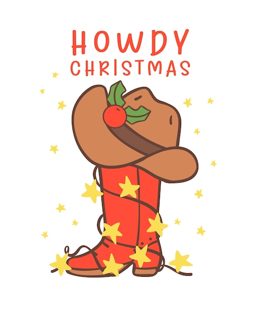 Vector cute cowboy christmas with western boot cartoon character hand drawing