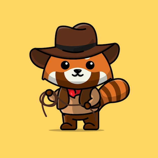 Vector cute cowboy red panda cartoon vector illustration animal proffession concept icon isolated