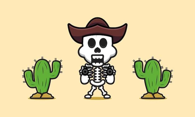 Cute cowboy skeleton cartoon icon illustration. design isolated flat cartoon style