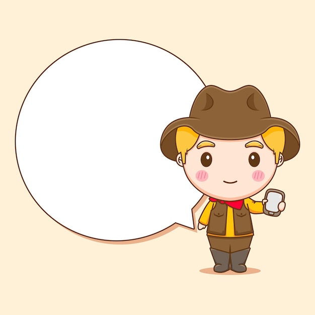 Cute cowboy with phone and bubble chat chibi character illustration