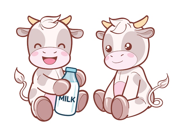 Cute cows cartoon character with a bottle of milk