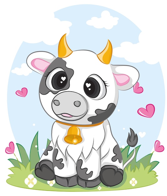 Vector cute cows character in various poses.  illustration of a cute cow sits.