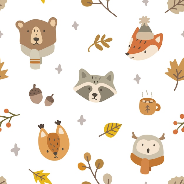 Cute and cozy autumn forest animals pattern.