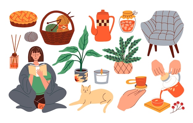 Carino accogliente collezione di elementi della stagione autunnale tè candela pianta sedia gatto filato marmellata casa hygge