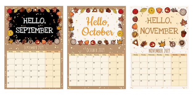 Vector cute cozy hygge 2019 autumn calendar planner with fall decor.