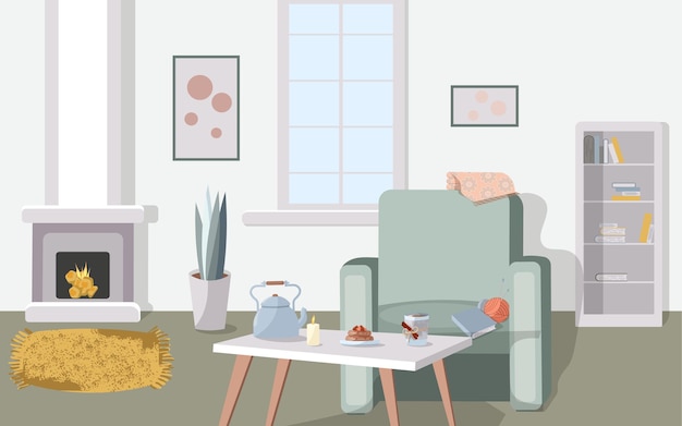 Vector cute and cozy interior of the living room with sofa fireplace table interior items