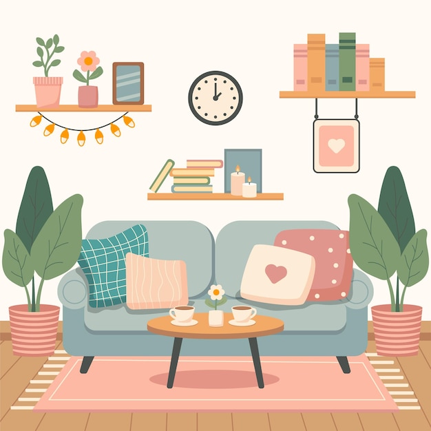 Vector cute cozy living room in flat stile living room interior sofa indoor flowers coffee table books