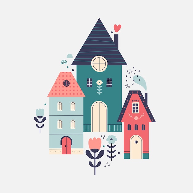 Vector cute cozy village houses in scandinavian style urban landscape with buildings flat illustration