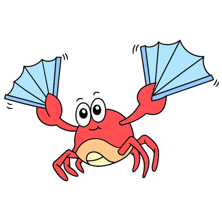 Vector cute crab carrying fan and dancing happily, doodle icon image. cartoon caharacter cute doodle draw