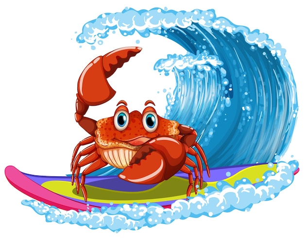 Cute crab cartoon character surfing