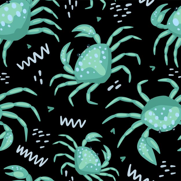 Cute crabs, random shapes. Abstract vector seamless pattern. Colored cartoon ornament with sea animals. Summer design for print, fabric, textile, background, wallpaper, wrap, decor.