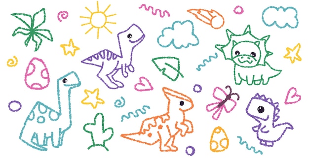 Vector cute crayon dinosaurs set doodle kids creature colorful hand drawn pencil illustration dino drawing