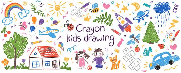 cute crayon kid illustration hand drawn doodle children drawings cute kids background
