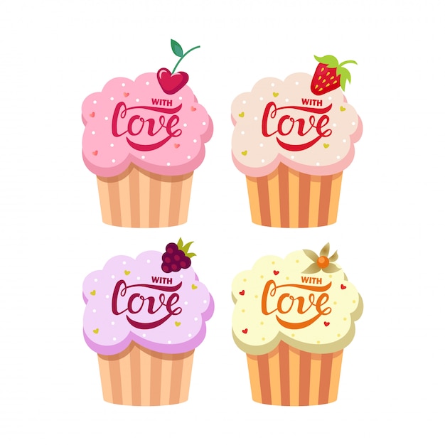 Cute creamy cupcakes set with love text