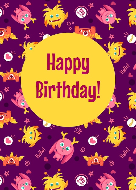 Cute creative birthday cards with monster patterns hand drawn templates for birthday anniversary