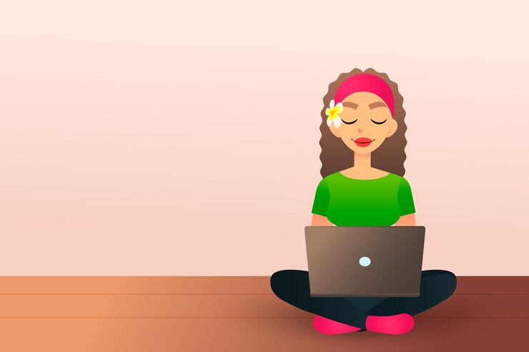 Vector cute creative girl sits on the wooden floor and studies with laptop