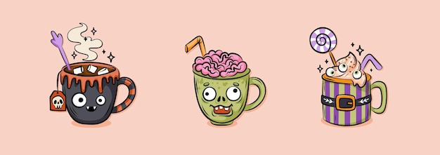 Cute and creepy halloween set with illustrations of cartoon mugs in hand drawn style