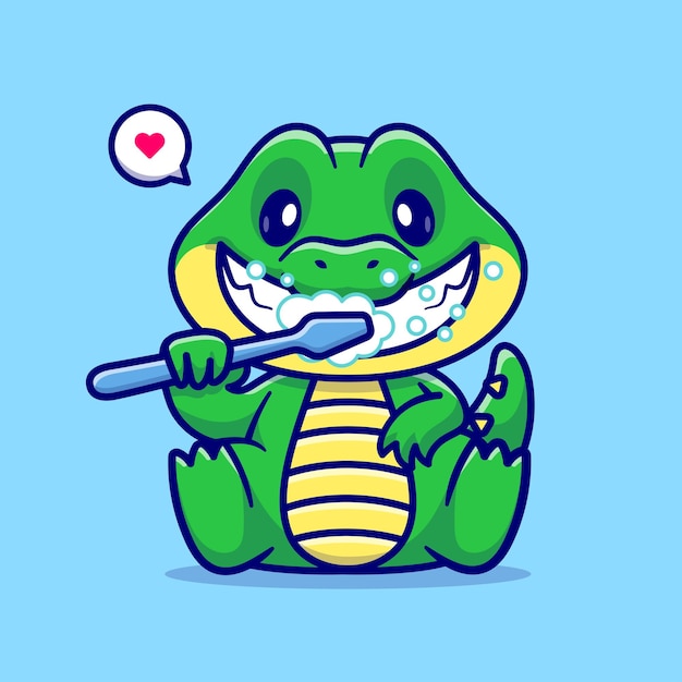 Cute Crocodile Brushing Teeth Cartoon Vector Icon Illustration Animal Healthy Icon Concept Isolated