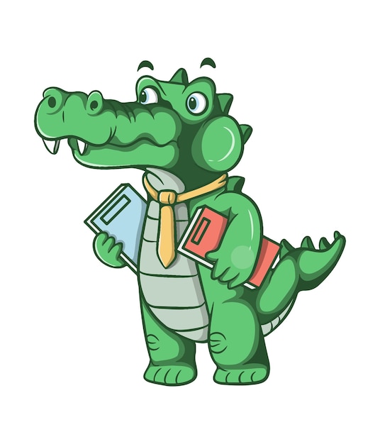 Cute crocodile cartoon illustration design carrying a book wearing a tie