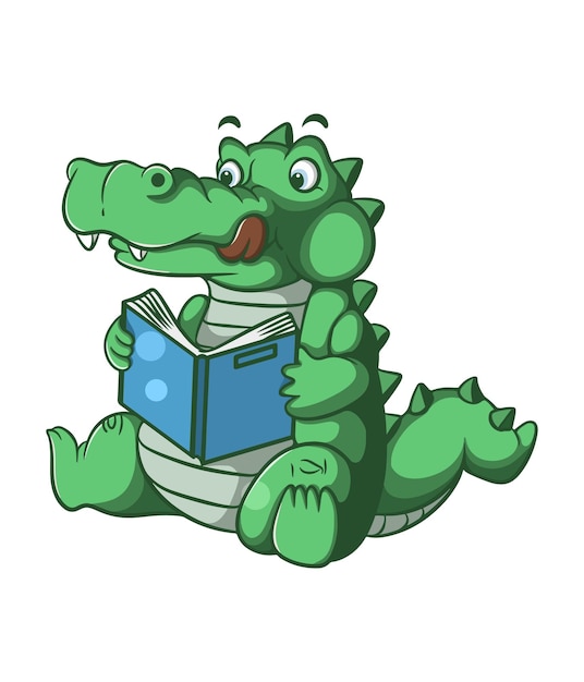 Cute crocodile cartoon illustration design is learning to read a book