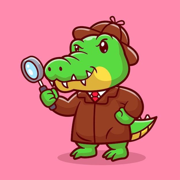 Vector cute crocodile detective with magnifying glass cartoon vector icon illustration animal profession