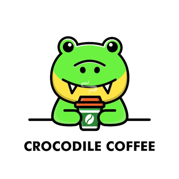 Simpatico coccodrillo bere tazza di caffè fumetto animale logo caffè illustrazione