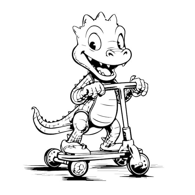 cute crocodile kid riding a kick scooter coloring or page