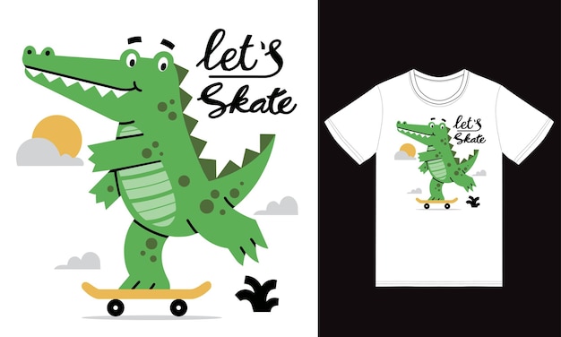 シャツデザインのプレミアムベクトルでスケートボードをしている可愛いワニのイラスト