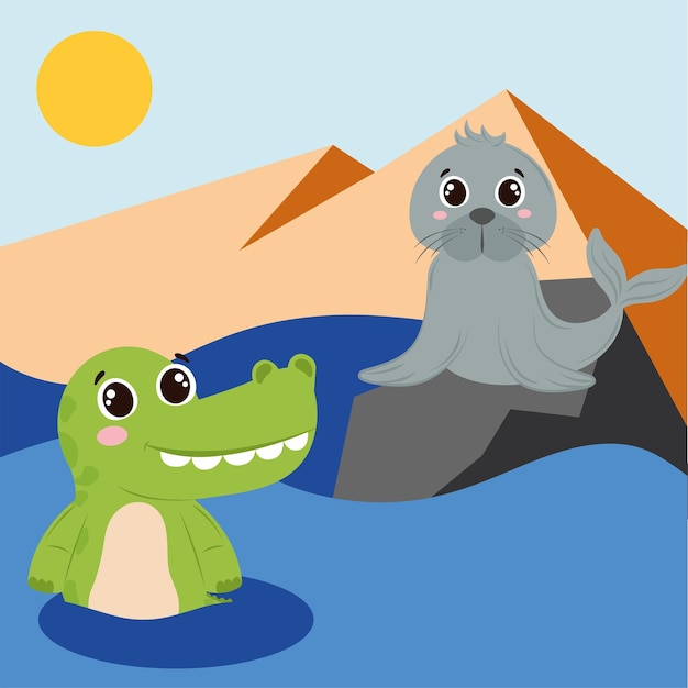 Cute crocodile and seal