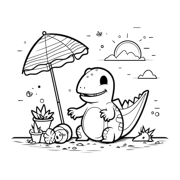 Cute crocodile with umbrella Vector illustration for coloring book