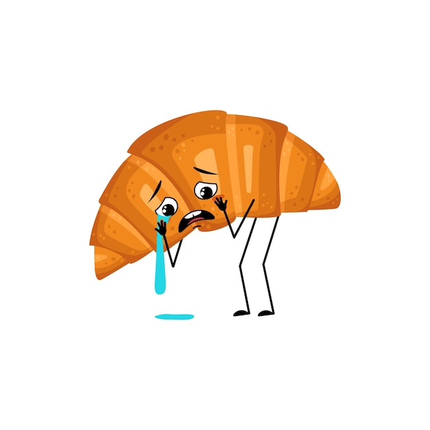 Cute croissant character with crying and tears emotion sad face
depressive eyes arms and legs cheerf...