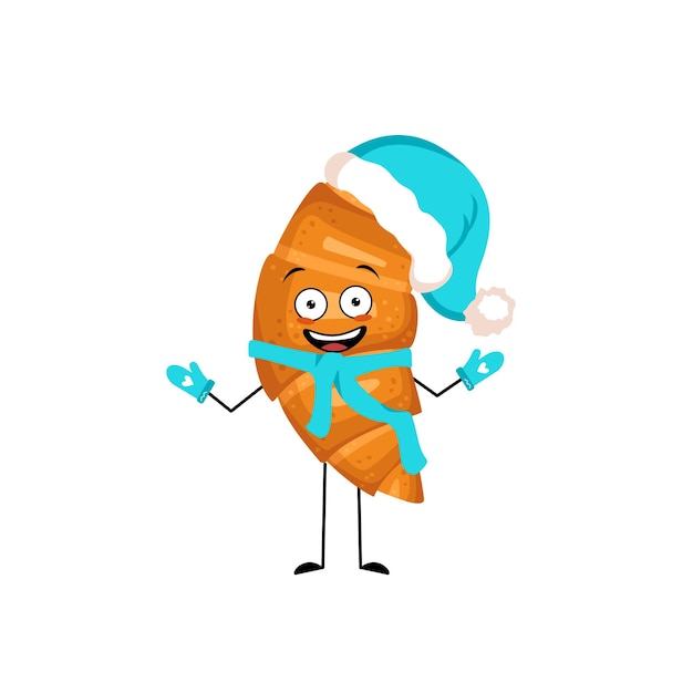 Cute croissant character with joyful emotions happy face smile\
eyes arms and legs in santa hat with ...