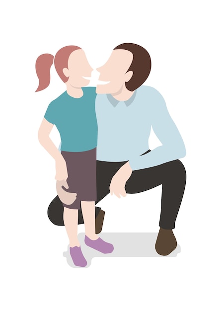 Cute crouched father and daughter characters hugging and smiling Isolated flat style vector