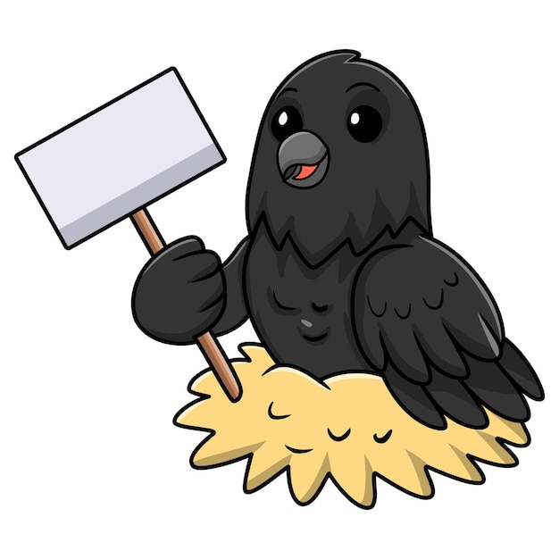 Cute crow bird cartoon holding blank sign