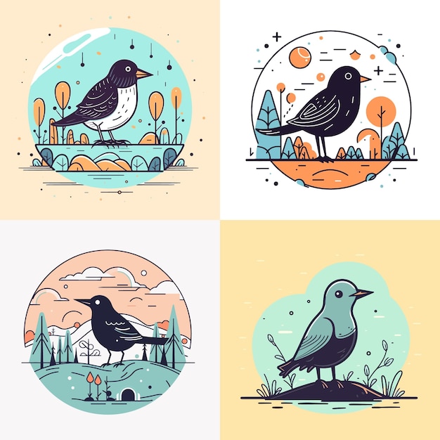 Cute Crow bird set collection kawaii cartoon illustration