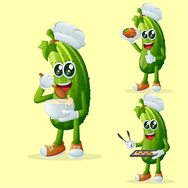 Vector cute cucumber character in the kitchen